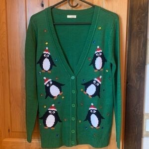 Wet Seal Green Penguin Sequin Button-Front Cardigan